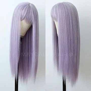Maycaur Purple Color Synthetic Hair Wigs with Full Bangs Long Straight Women's Wig Heat Resistant Synthetic No Lace Wigs for Fashion Women 22 Inch
