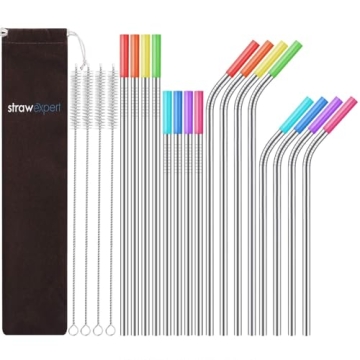 StrawExpert Set of 16 Reusable Stainless Steel Straws with Travel Case Cleaning Brush Silicone Tips ...