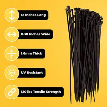 12 Inch Zip Ties Heavy Duty by Strong Ties - 150 Cable Ties Per Pack - Black Zip Ties 120lb Tensile ...