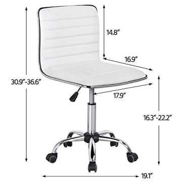 Yaheetech Adjustable Task Chair PU Leather Low Back Ribbed Armless Swivel White Desk Chair Office Chair Wheels