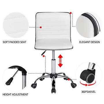 Yaheetech Adjustable Task Chair PU Leather Low Back Ribbed Armless Swivel White Desk Chair Office Chair Wheels