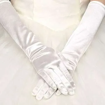 Wobe Long Satin Gloves - Stretchy Adult Size 20.7" Elbow Length - Classic Sun Protection Wedding & Etiquette Gloves for Women & Girls - White