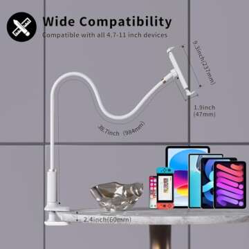 wigmoa K-MT【38.7inch/98cm】 Tablet Phone Holder Table Desk Gooseneck Mount, Mount Holder Clip with Grip Flexible Long Arm Compatible for ipad iPhone/Switch/Samsung Tabs/Kindle Fire HD K-MT (White)