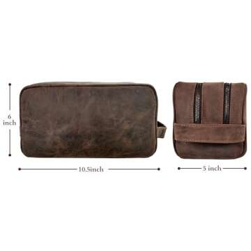 RUSTIC TOWN Full Grain Leather Travel Toiletry Bag - Dopp Kit Organizer (Dark Brown)