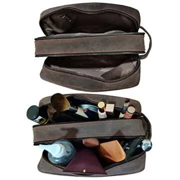 RUSTIC TOWN Full Grain Leather Travel Toiletry Bag - Dopp Kit Organizer (Dark Brown)