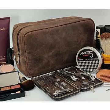 RUSTIC TOWN Full Grain Leather Travel Toiletry Bag - Dopp Kit Organizer (Dark Brown)