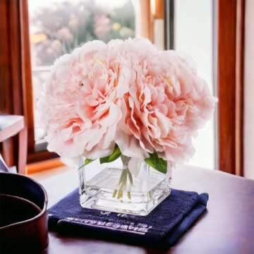 Enova Home Artificial Peony Flowers Arrangements in Cube Glass Vase with Faux Water for Home Table Wedding Centerpiece Decor (Pink)