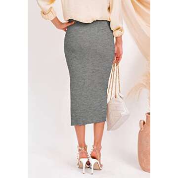 HERBATOMIA Basic Pencil Midi Skirt Ribbed Knit Solid Split Side Stretchy Mid Length Grey Skirts for Women