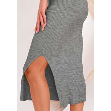 HERBATOMIA Basic Pencil Midi Skirt Ribbed Knit Solid Split Side Stretchy Mid Length Grey Skirts for Women