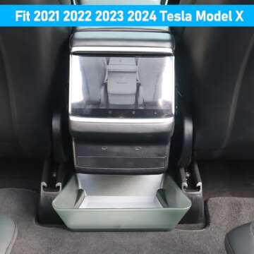 Yumzeco Compatible with 2022 2023 2024 Tesla Model X Rear Center Console Storage Organizer,Model X Backseat bin Storage Box with Silicone mat,Tesla Model X Accessories 2022 2023 2024(PE Grey)