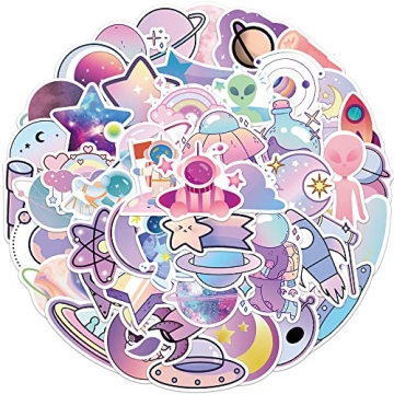 Cute Space Stickers, Purple Pink Planet Stickers, 50PCS Hapiuen Vinyl Waterproof Astronaut Funny Sti...