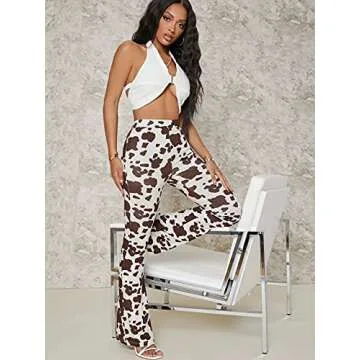 WDIRARA Women's Cow Print Flare Leg Pants for Casual Style