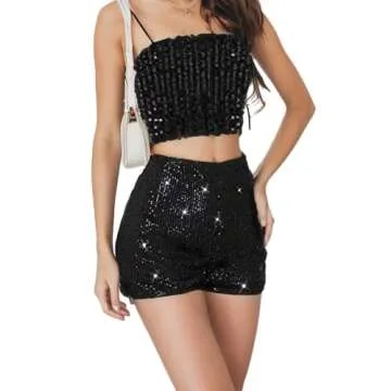 generic Women's Sequin Sparkle Elastic High Waist A Line Party Concert Shorts (Black), X-Small