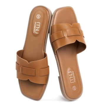 MUSSHOE Fashion Flat Summer Sandals for Women 2024-Tan Sandals Women,Comfortable Leather Slides, Dre...