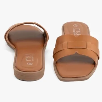 MUSSHOE Fashion Flat Summer Sandals for Women 2024-Tan Sandals Women,Comfortable Leather Slides, Dressy Beach Footwear Cute Memory Foam Mules Braided Open Toe Design