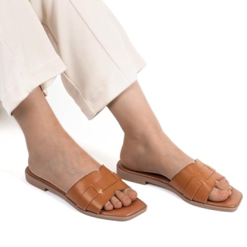 MUSSHOE Fashion Flat Summer Sandals for Women 2024-Tan Sandals Women,Comfortable Leather Slides, Dressy Beach Footwear Cute Memory Foam Mules Braided Open Toe Design