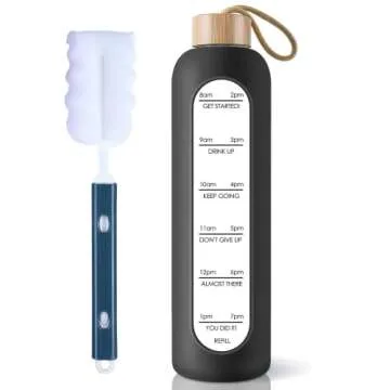 PROBTTL 32 Oz Borosilicate Glass Water Bottle with Time Marker Reminder Quotes, 1 Liter Leak Proof Reusable BPA Free Motivational Water Bottles with Silicone Sleeve and Bamboo Lid (Black)