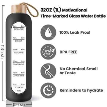 PROBTTL 32 Oz Borosilicate Glass Water Bottle with Time Marker Reminder Quotes, 1 Liter Leak Proof Reusable BPA Free Motivational Water Bottles with Silicone Sleeve and Bamboo Lid (Black)