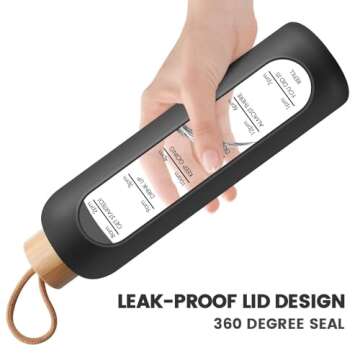 PROBTTL 32 Oz Borosilicate Glass Water Bottle with Time Marker Reminder Quotes, 1 Liter Leak Proof Reusable BPA Free Motivational Water Bottles with Silicone Sleeve and Bamboo Lid (Black)