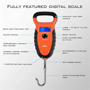 KastKing Waterproof Floating Digital Fishing Scale with No-Puncture Lip Gripper. Dual Mode - Pounds/Ounces & Kilograms. 0-50 Lbs/22.68 Kg, Lightweight ABS Frame, Non-Slip Handle