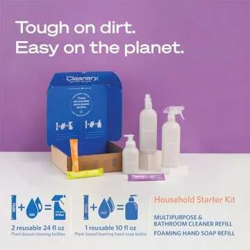 Household Cleaner Refill Powder Concentrate 4 Pack & 3 Reusable Plant-Based Bottles for Kitchens, Ba...