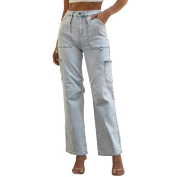 Dokotoo Womens Jeans - Stylish High Waist Baggy Denim Trousers