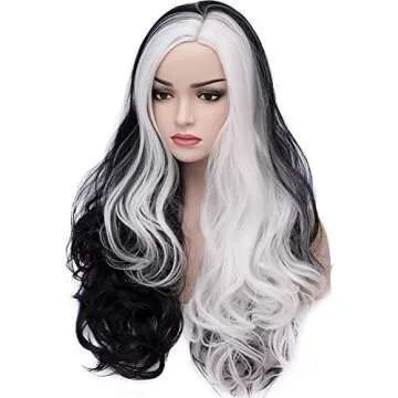 BERON 27 Inches Black White Wig Long Curly Wig Women Girls Charming Full Wig Long Wavy Wig Black White Split Wig for Cosplay Party Wig Cap Included
