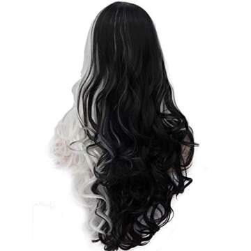 BERON 27 Inches Black White Wig Long Curly Wig Women Girls Charming Full Wig Long Wavy Wig Black White Split Wig for Cosplay Party Wig Cap Included