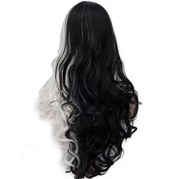 BERON 27 Inches Black White Wig Long Curly Wig Women Girls Charming Full Wig Long Wavy Wig Black White Split Wig for Cosplay Party Wig Cap Included