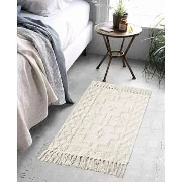 Uphome Boho Bathroom Rug 2' x 3', Washable Small Farmhouse Bedroom Rugs with Tassels, Beige Geometri...