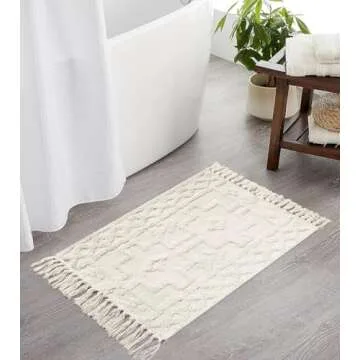 Uphome Boho Bathroom Rug 2' x 3', Washable Small Farmhouse Bedroom Rugs with Tassels, Beige Geometric Bath Mats for Home Decor, Cotton Woven Moroccan Tufted Throw Rug for Entryway Front Door Kitchen