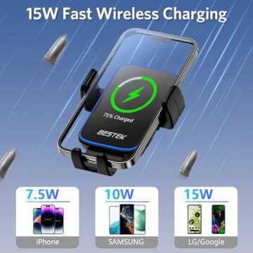 Wireless Car Charger, BESTEK 15W Fast Charging Auto Clamping Car Phone Holder with QC3.0 Car Charger...