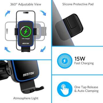 Wireless Car Charger, BESTEK 15W Fast Charging Auto Clamping Car Phone Holder with QC3.0 Car Charger, Air Vent Car Phone Mount Compatible with iPhone 15/14/13/12/X/8 Series, Samsung, LG,Google