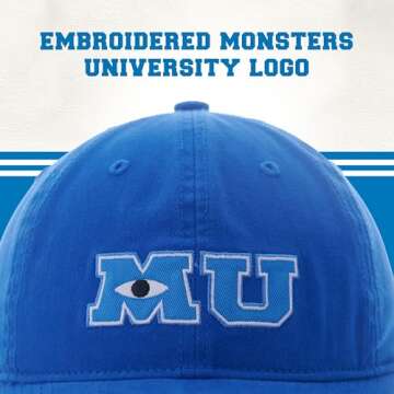 Disney Pixar Monsters Inc Monsters University Baseball Cap, Adjustable Hook and Loop Baseball Hat, Navy Blue