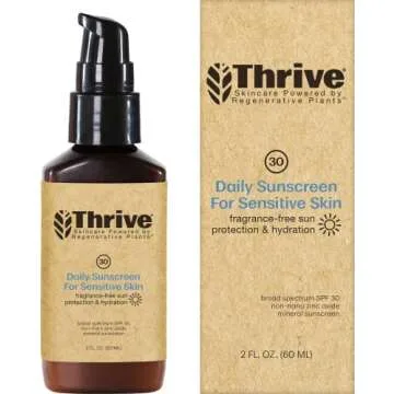 Thrive Natural Care Mineral Face Sunscreen for Sensitive Skin SPF 30, 2 Ounces - Moisturizing Unscented Sunscreen for Face - Broad Spectrum with Clear Zinc Oxide - Vegan