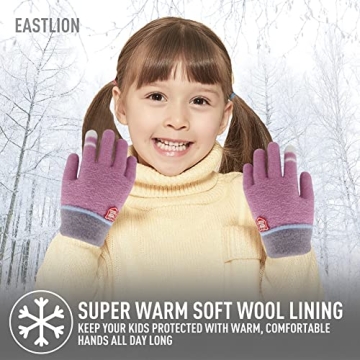 Eastlion 3 Pairs Kids Gloves Winter Wool Lined Gloves for Boys Girls, Children Winter Warm Gloves Toddler Full Finger Stretchy Knitted Gloves 4-10 Years, Light Blue/Pink/Purple (Crown Style)
