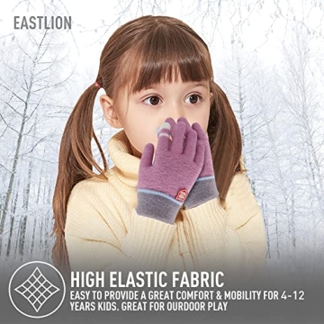 Eastlion 3 Pairs Kids Gloves Winter Wool Lined Gloves for Boys Girls, Children Winter Warm Gloves Toddler Full Finger Stretchy Knitted Gloves 4-10 Years, Light Blue/Pink/Purple (Crown Style)