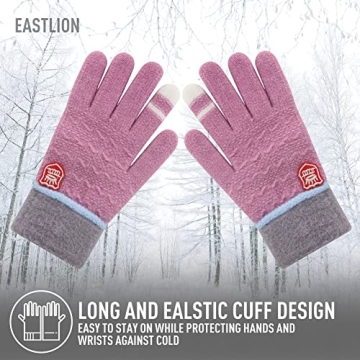 Eastlion 3 Pairs Kids Gloves Winter Wool Lined Gloves for Boys Girls, Children Winter Warm Gloves Toddler Full Finger Stretchy Knitted Gloves 4-10 Years, Light Blue/Pink/Purple (Crown Style)