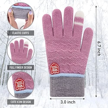 Eastlion 3 Pairs Kids Gloves Winter Wool Lined Gloves for Boys Girls, Children Winter Warm Gloves Toddler Full Finger Stretchy Knitted Gloves 4-10 Years, Light Blue/Pink/Purple (Crown Style)