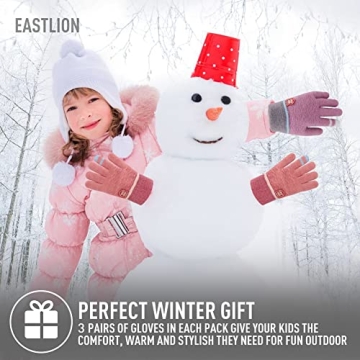 Eastlion 3 Pairs Kids Gloves Winter Wool Lined Gloves for Boys Girls, Children Winter Warm Gloves Toddler Full Finger Stretchy Knitted Gloves 4-10 Years, Light Blue/Pink/Purple (Crown Style)