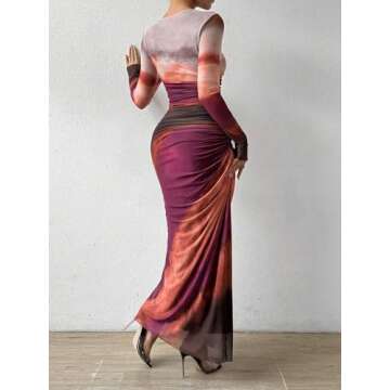 MARZXIN Womens Long Sleeve Maxi Dress Bodycon Ruched Natural Slim Fit Tie Dye Dress Cocktail Dresses...