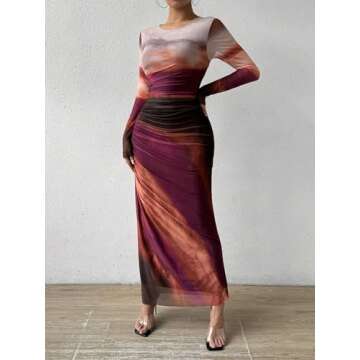 MARZXIN Womens Long Sleeve Maxi Dress Bodycon Ruched Natural Slim Fit Tie Dye Dress Cocktail Dresses Mesh Dress color162 L