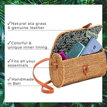 Novum Crafts Round Rattan Bag for Women - Handmade Rattan Straw Bags - Wicker Purse - Boho Bag - Round Rattan Crossbody Beach Bags