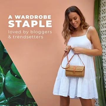 Novum Crafts Round Rattan Bag for Women - Handmade Rattan Straw Bags - Wicker Purse - Boho Bag - Round Rattan Crossbody Beach Bags