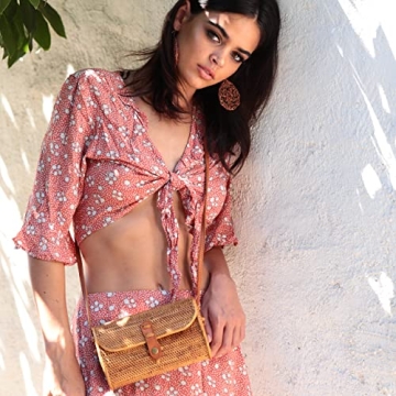 Novum Crafts Round Rattan Bag for Women - Handmade Rattan Straw Bags - Wicker Purse - Boho Bag - Round Rattan Crossbody Beach Bags