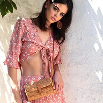 Novum Crafts Round Rattan Bag for Women - Handmade Rattan Straw Bags - Wicker Purse - Boho Bag - Round Rattan Crossbody Beach Bags