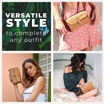 Novum Crafts Round Rattan Bag for Women - Handmade Rattan Straw Bags - Wicker Purse - Boho Bag - Round Rattan Crossbody Beach Bags