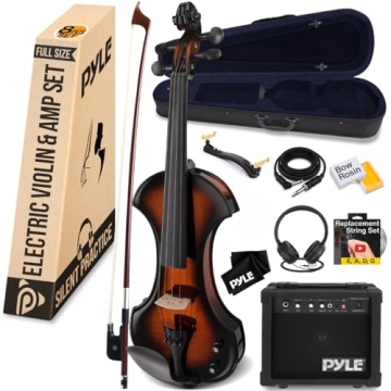 Pyle Full Size Electric Violin, 4/4 Solid Wood Silent Fiddle, with Amplifier Kit, Hard Case, Bow, Eb...