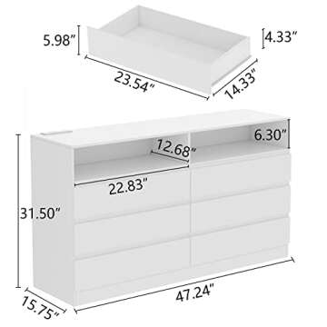Loomie Drawers Dresser, White Drawer Dresser with Power Outlet, Accent Chests of Drawers with LED Li...