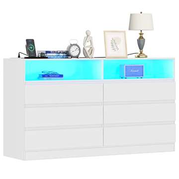Loomie Drawers Dresser, White Drawer Dresser with Power Outlet, Accent Chests of Drawers with LED Light, Modern Storage Dresser for Bedroom, Living Room (White)